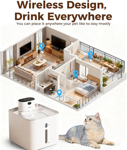 4.2L Pumpless Cat Water Fountain, 5000mAh Battery Operated Cat Fountain, Wireless Pet Water FountainsIndoor, Sensor and Timer Water Modes, Suitable for Cats and Small Dogs Indoor ((142-oz)