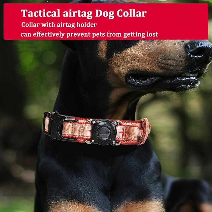 Christmas Tactical Dog Collar with Airtag Holder Waterproof Dog Airtag Collar with Control Handle Adjustable Heavy Duty Dog Collars(Christmas Red，M