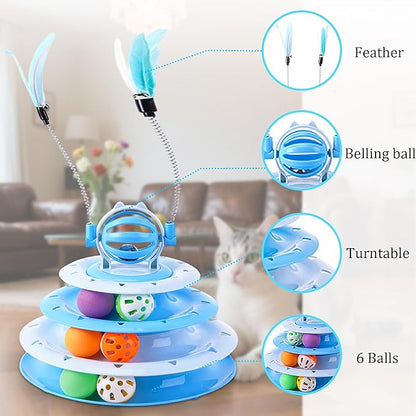 Vealind Cat Toy Roller 4-Level Turntable Cat Toys Balls with 14 Pcs Colorful Pom Pom Balls Interactive Fun Mental Physical Exercise Puzzle Kitten Toys (Blue)