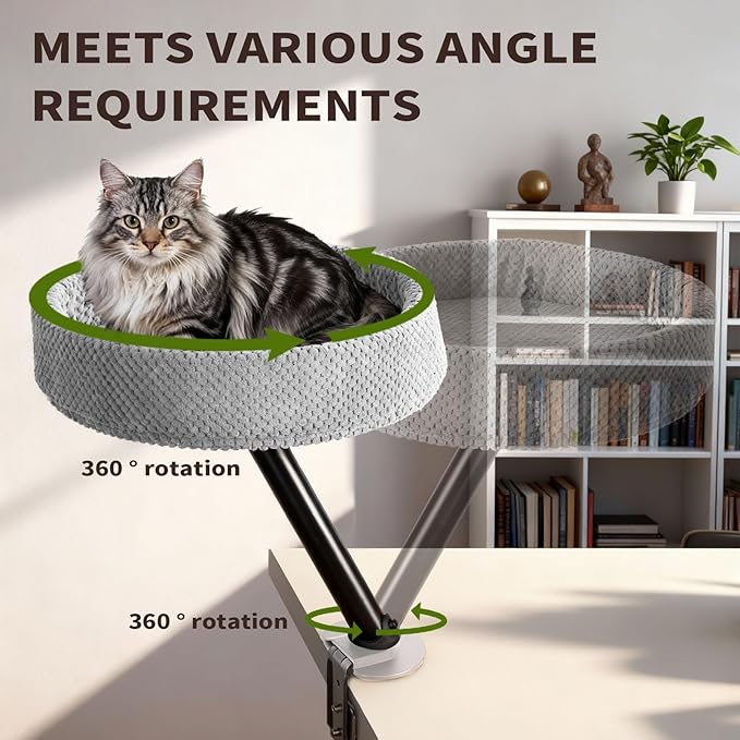Cat Desk Bed, Cat Nest Bed for Desk Supports Up to 60 lbs, 360° Rotation Soft Cats Hammock, Nest Desktop Attachment Cats Hammock for Various Desktop Side Table Furniture (Grey)