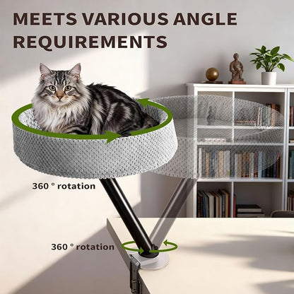 Cat Desk Bed, Cat Nest Bed for Desk Supports Up to 60 lbs, 360° Rotation Soft Cats Hammock, Nest Desktop Attachment Cats Hammock for Various Desktop Side Table Furniture (Grey)