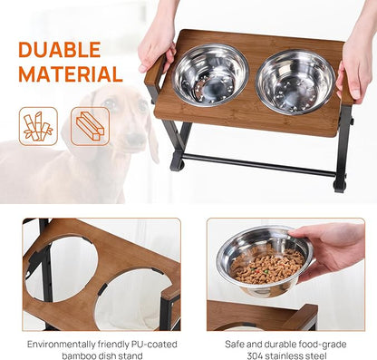 Adjustable Height Pet Feeder Stand with 2 Dishwasher-Safe Stainless Steel Bowls – Brown Wood Top & Black Metal Frame Elevated Food/Water Station for Dogs/Cats Under 100LBS