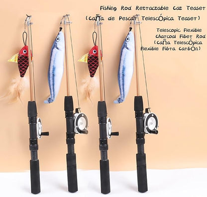 KAYNO Retractable Teaser cat Stick, Extra Long Fish & Feather Decorative cat Fishing Pole Shape Teaser cat Stick, cat Feather Interactive Toys, Toys are Replaceable, Adjustable line Length. (Salmon)