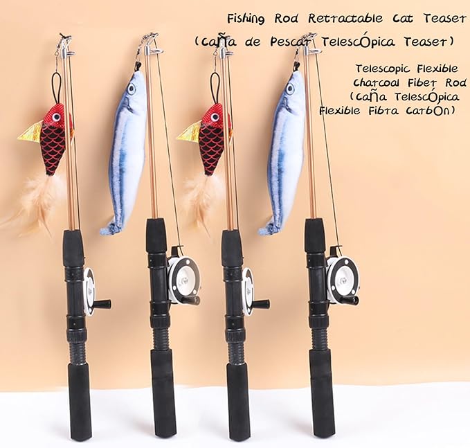 Retractable teaser cat stick, extra long fish & feather decorative cat fishing pole shape teaser cat stick, cat feather interactive toys, toys are replaceable, adjustable line length. (Saury fish)