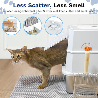 TENTIZON Stainless Steel Cat Litter Box with Lid, Large Covered Enclosed Kitty Litterbox with Hood, Flip Top, High Side, Litter Mat, Scoop for Big Cats, Kitten, No Odor, No Mess, Easy Clean, Grey
