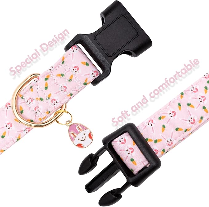 Faygarsle Cute Easter Collar for Small Medium Large Dogs Girl Boy Female Male Dog Pink Cotton with Adorable Rabbit Print Puppy Collar with Easter Egg Charm M