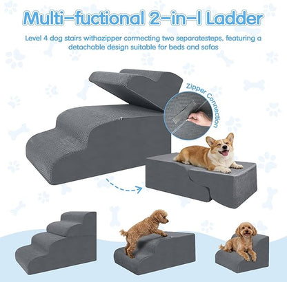 4-Step Dog Stairs, 19.8 Inch High Pet Steps for Small Dogs and Cats, Non-Slip Indoor Pet Ramp, Grey