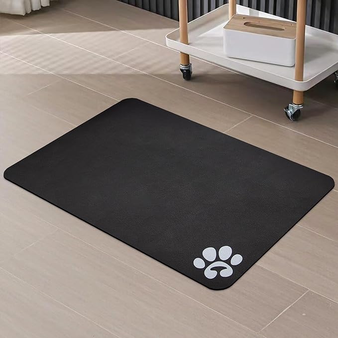YCT Pet Cat Food Mats - Non Slip Super Absorbent, with Footprints Logo, 24 x 16.9 inches, Dark