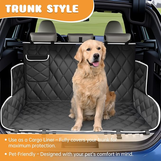 Dog Car Seat Cover for Back Seat 100% Waterproof, Long-Lasting and Soft Nonslip Backseat Cover for Cars, SUVs and Trucks, 600D Oxford Fabric, Black-White, Standard (54" W x 59" L)