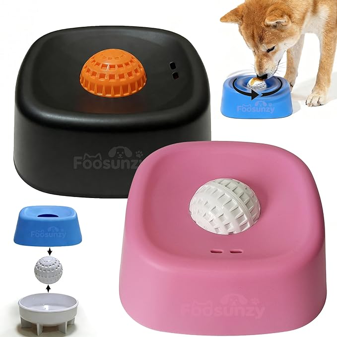 Slow Feeder Dog Bowls for Liquid with Rolling Ball, Interactive Lick Bowl Licking Slow Feeder for Wet Food, Water & Treats Lick Toy for Dogs Cats Large Medium Small (Style1-Black+Pink)