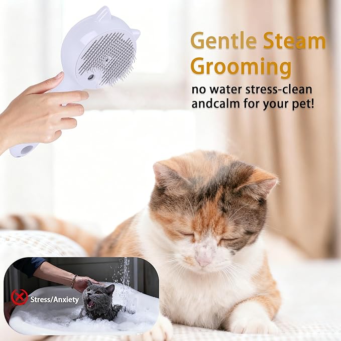 Pet Steam Brush for Cats & Dogs ，3-in-1 Pet Grooming Comb，Reduces Shedding, Soft Bristles, Promotes Healthy Coat-Comes - Includes Waterless Shampoo，White
