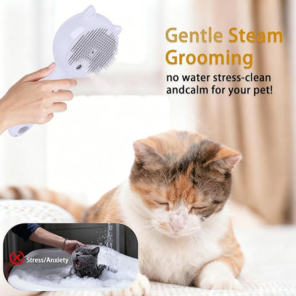 Pet Steam Brush for Cats & Dogs ，3-in-1 Pet Grooming Comb，Reduces Shedding, Soft Bristles, Promotes Healthy Coat-Comes - Includes Waterless Shampoo，White