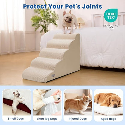 5 Step Dog Stairs for High Bed – Pet Steps for Small Dogs, Non-Slip Dog Ramp with Washable Cover, Pet Ladder for High Beds,Beige