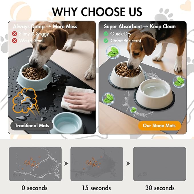 Newest Diatomite Stone Pet Feeding Mat for Dog&Cat–Super Absorbent Diatomite Fast Drying Stone Dog Food Mat, Quick Dry Dog Mats for Food and Water with Non-Slip Pad (24×16'', Dark Gray, Square)