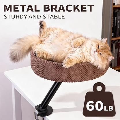 Cat Desk Bed, Cat Nest Bed for Desk Supports Up to 60 lbs, 360° Rotation Soft Cats Hammock, Nest Desktop Attachment Cats Hammock for Various Desktop Side Table Furniture(Brown)