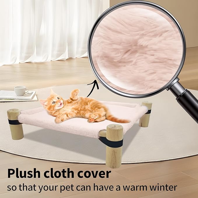 Pozico Cat Hammock Bed – Wooden Elevated Cat/Dog Bed with Fluffy Winter Fabric – Raised Pet Cot Furniture for Small Dogs, Cats & Small Animals – Warm Plush Indoor Lounger – Portable & Washable – Pink
