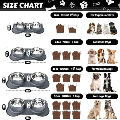 AsFrost Dog Food Bowls Stainless Steel Dog Food & Water Bowl Set with No Spill No Slip Silicone Mat, Dog Dishes for Small Medium Size Dogs Pet Cat Puppy Food Feeding Bowls, Grey, 24oz, 3 Cup