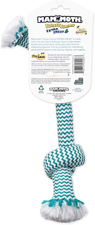 Mammoth Flossy Chews EXTRA FRESH 2 Knot Bone - Premium Cotton-Poly Yarn with Dental Floss Tug Toy for Dogs - Interactive Dog Rope Toy - Tug Dog Chew Toy for Medium Dogs - Large, 14”
