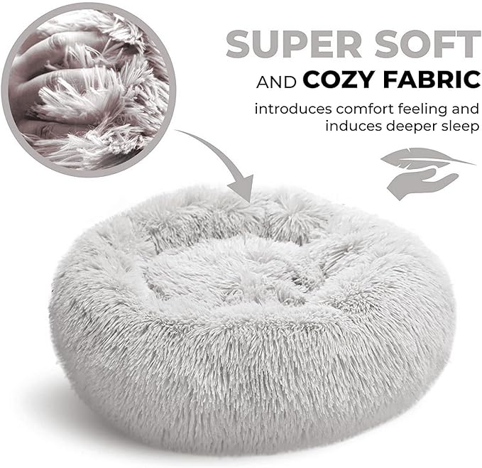 Whiskers & Friends Cat Bed, Cat Beds for Indoor Cats Washable, Orthopedic Soft Fluffy Round Calming Pet Bed for Small to Large Kitty Kittens & Small Dogs - Light Grey-C - 23.00" x 23.00" x 7.00"