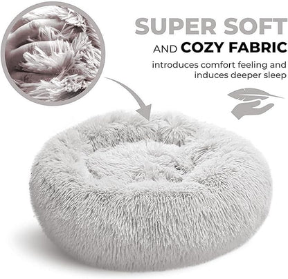 Whiskers & Friends Cat Bed, Cat Beds for Indoor Cats Washable, Orthopedic Soft Fluffy Round Calming Pet Bed for Small to Large Kitty Kittens & Small Dogs - Light Grey-C - 23.00" x 23.00" x 7.00"