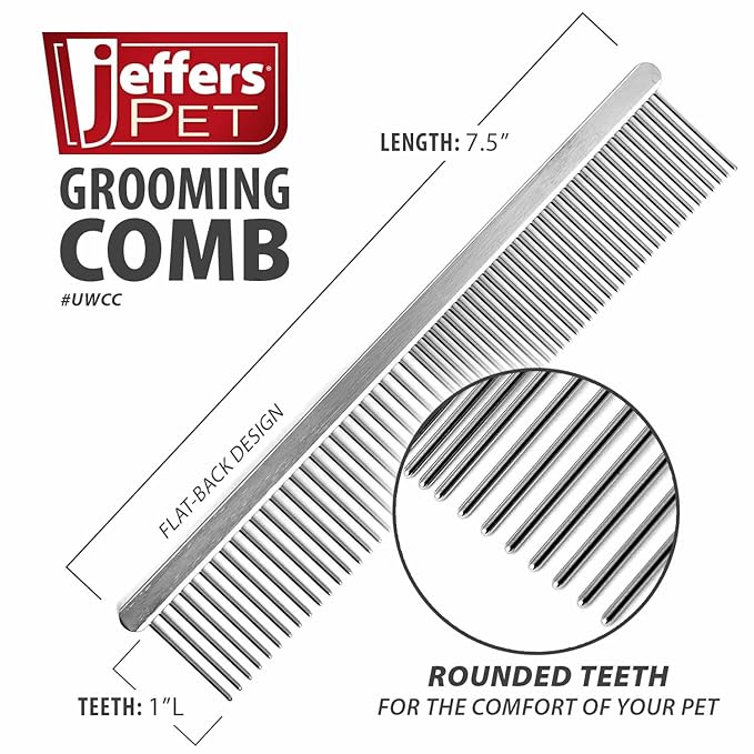 Jeffers Flat Back Pet Grooming Comb – Chrome Plated Steel Comb with Fine & Coarse Teeth for Dogs, Cats, Puppies – Detangling, Deshedding, Dematting Tool for Long or Short Hair - 7.5" L, 1" Teeth