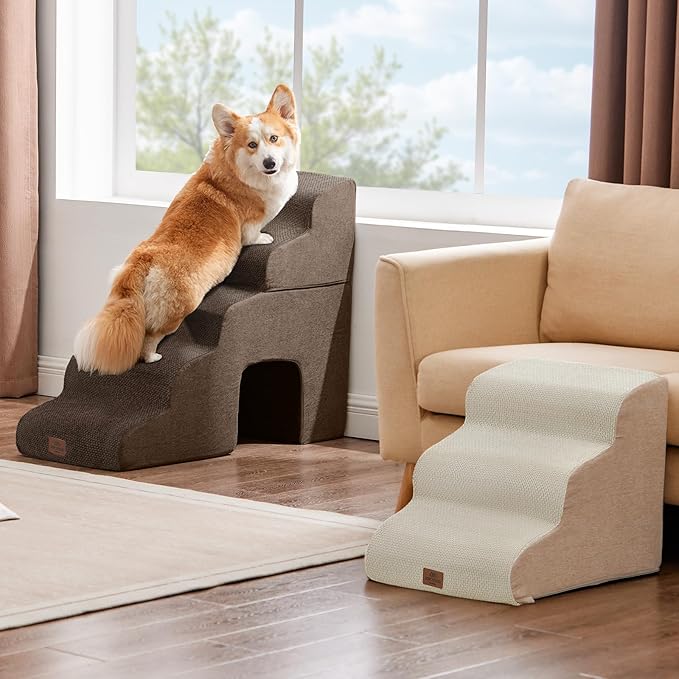 Joydeco Dog Stairs for Bed 17.1" H, 3-Step Pet Steps for Small Dogs and Cats, Dog Steps for High Bed, Non-Slip Balanced Ramp Indoor Pet Stairs, Brown