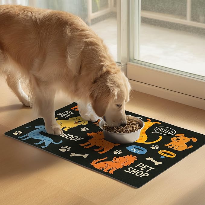 Cute Happy Dog Food Mat for Cat Food Mat Food and Water Bowl Pet Feeding Bowl Mats for Pet Feeding Areas Easy Clean Fast Dry Small Cats and Dogs Feedings Mats 24" x 16"