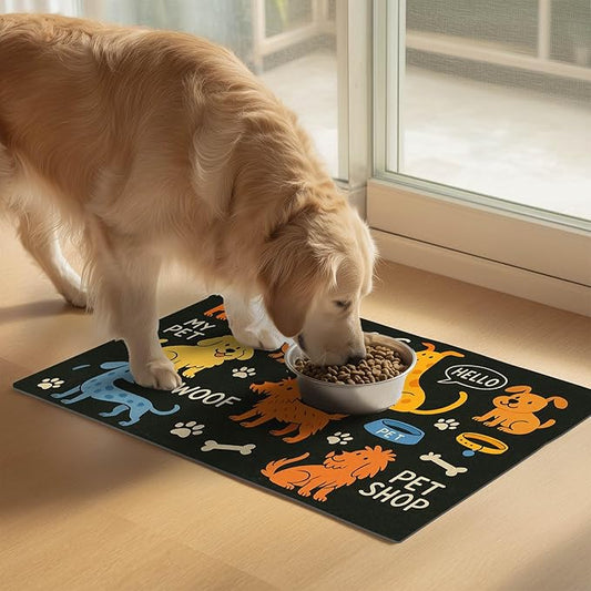 Cute Happy Dog Food Mat for Cat Food Mat Food and Water Bowl Pet Feeding Bowl Mats for Pet Feeding Areas Easy Clean Fast Dry Small Cats and Dogs Feedings Mats 24" x 16"