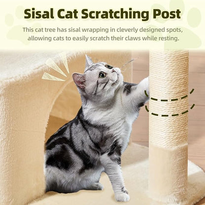 Taoqimiao MS043M Cat Tree, 32.2-Inch Cat Tower for Indoors Cats, Cat Condo with Large Cat Perch, Spacious Cat Cave, Scratching Posts for Small and Medium Cats, Beige