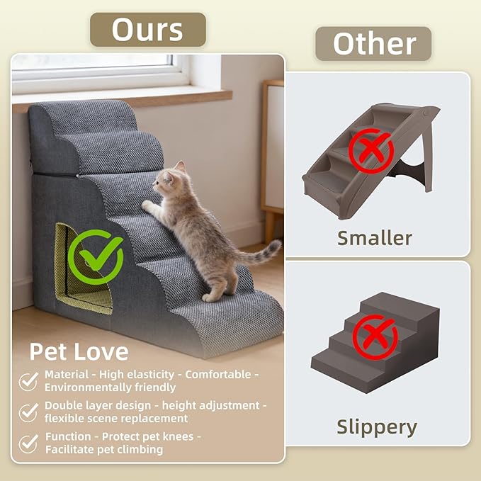 Dog Stairs for High Bed, Pet Stairs-6 Steps Up to 30" H High Bed with Tunnel 2 in 1 with Zippers Suitable, Non-Slip Balanced Indoor Pet Ramp for Dogs and Cats - Grey 6 Tiers