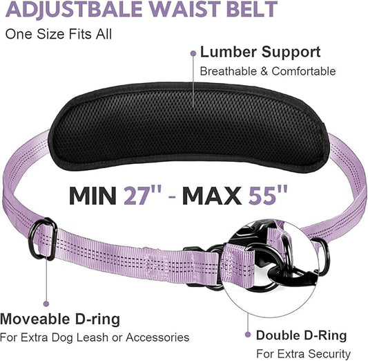 Hands Free Dog Leash, Adjustable Waist Belt with Double Padded Handles,Retractable Bungee, Waist Leash for Dog Walking,Running, No Pull,Purple