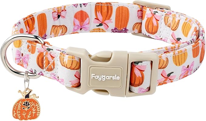 Faygarsle Fall Pumpkin Pattern Dog Collar with Charm, Adjustable Neckwear for Small Medium Large Dogs, Orange and Pink for Small Medium Large Dogs XS