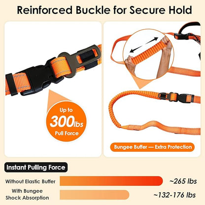 6-in-1 Hands-Free Dog Leash, Waist & Crossbody Bungee Lead with Dual Padded Handles, Bungee Shock Absorbing, Seat Belt Buckle, Reflective for Small Medium Large Dogs, Orange