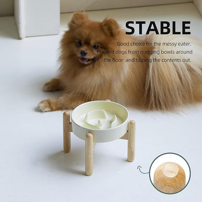 Ceramic 0.9 Cup Raised Dog Slow Feeder Set, Elevated Bowl with Wooden Stand for Small Dog and Cat, 6.1inch Puzzle Slow Dog Food Dish, Anti-Gulping(Light Yellow, Single Bowl+ Stand)