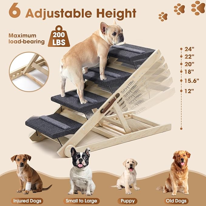 Dog Steps for Bed & Couch - 2-in-1 Dog Stairs/Ramp for Small to Large Breeds - 6 Adjustable Height from 12" to 24" - Folding Portable Wooden Ramp for Dogs to Get on Bed Couch Car Up to 200LBS
