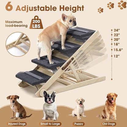 Dog Steps for Bed & Couch - 2-in-1 Dog Stairs/Ramp for Small to Large Breeds - 6 Adjustable Height from 12" to 24" - Folding Portable Wooden Ramp for Dogs to Get on Bed Couch Car Up to 200LBS