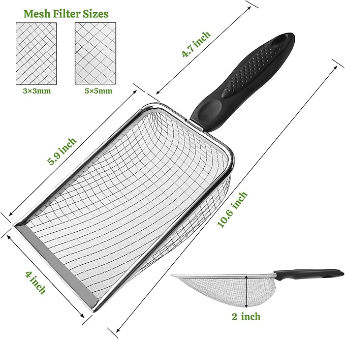 2Pcs Cat Litter Scoop Metal Stainless Steel Mesh Kitty Litter Scoop with Hook, Cat Scooper for Litter Box, Filter Small Pieces Quickly, Easy to Clean and Durable (3mm/5mm Mesh)