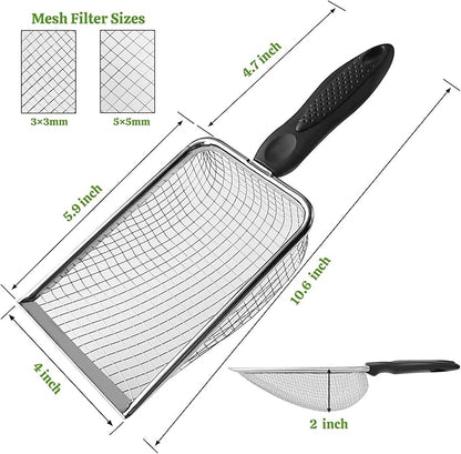 2Pcs Cat Litter Scoop Metal Stainless Steel Mesh Kitty Litter Scoop with Hook, Cat Scooper for Litter Box, Filter Small Pieces Quickly, Easy to Clean and Durable (3mm/5mm Mesh)