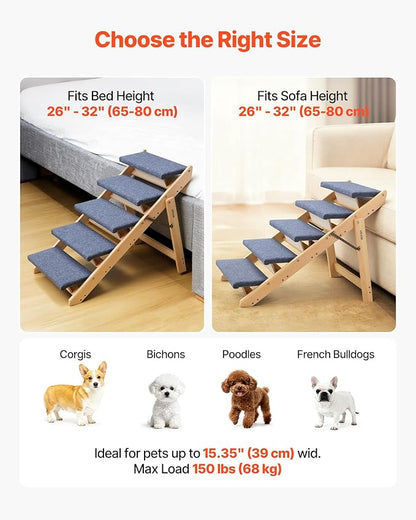 VEVOR Wood Pet Stairs, 5-Step Dog Stairs for Beds, Sofa & Cars, 150lbs Load Capacity, Floded Flat Design, Stable & Sturdy Cat & Dog Step Ladder for Small Medium Large Older Pet Puppy Essentials