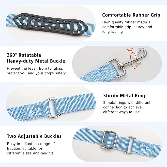 Hands Free Dog Leash, 8.5ft Adjustable Hands Free Leash for Medium Dogs, Versatile Handheld Crossbody Waist Lead with 3 Rings, Easy Adjust for Running Jogging Walking, Sponge Handle, Blue