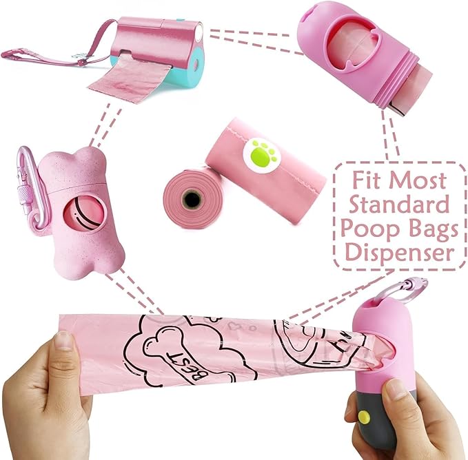 2 Pack Dog Poop Bag Holder with 2 Rolls of Blue Leak-Proof Dog Waste Bags Poop Bag Dispenser with Leash Clip Key Ring (Pink, 1 Holder 135 Bags)