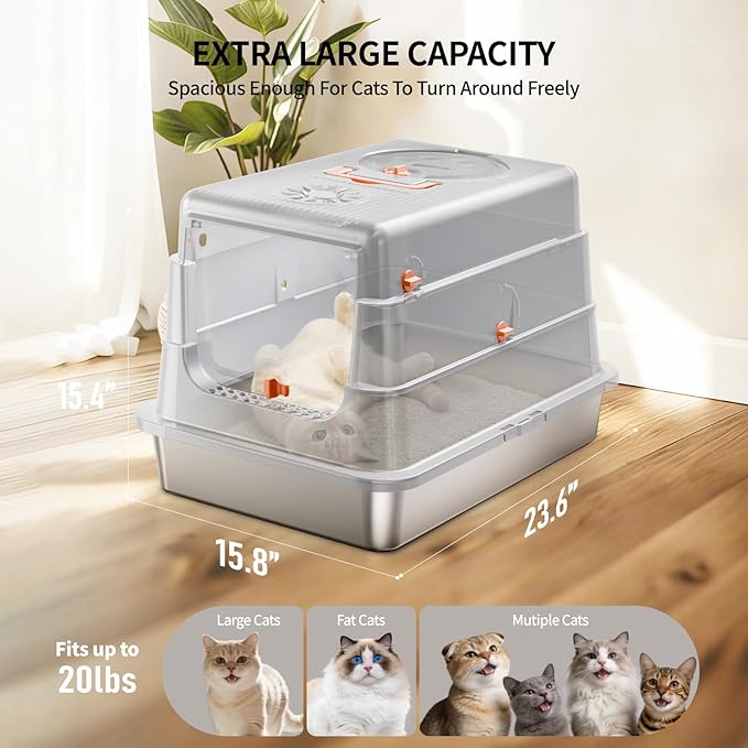 Stainless Steel Cat Litter Box with Lid, Extra Large High Sided Enclosed Metal Litter Pan, Flip Top with Portable Handle, Include Scoop & Step,Easy to Clean, Leak Proof, Dog Proof, Odor Control, Grey