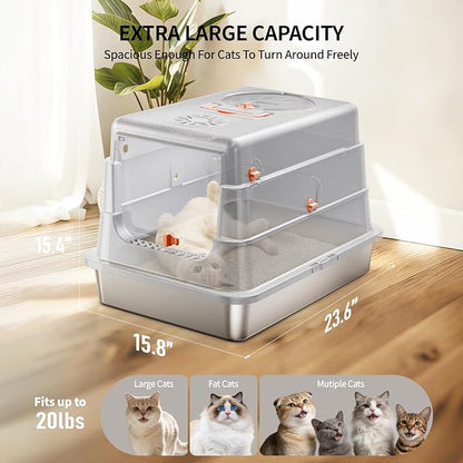 Stainless Steel Cat Litter Box with Lid, Extra Large High Sided Enclosed Metal Litter Pan, Flip Top with Portable Handle, Include Scoop & Step,Easy to Clean, Leak Proof, Dog Proof, Odor Control, Grey