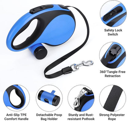 Segarty 16 Ft Retractable Dog Leash with Detachable Poop Bag Holder, 5m Walking Leash for Pets up to 66 lbs, 360°Tangle-Free Dog Lead with Anti-Slip Handle & One-Handed Brake Pause Lock for Outdoors