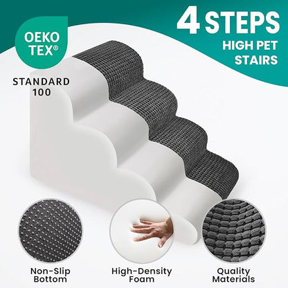 Dog Stairs - 20.5" H 4 Step Curved Dog Ramp for High Bed & Couch, Foam Ramp with Non-Slip Waterproof Fabric Cover, Grey