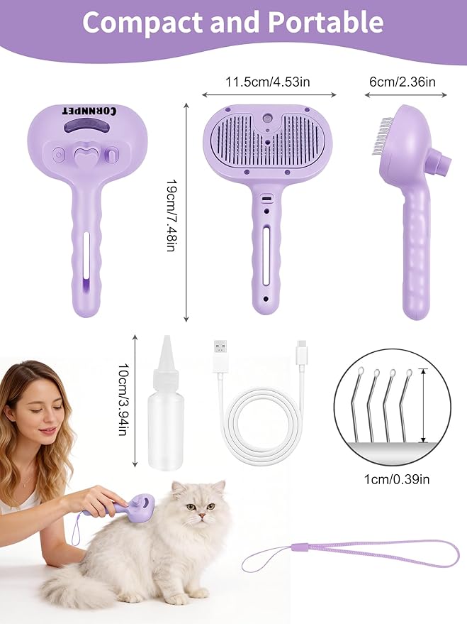 Dog Cat Steam Brush With UV Light, 3 in 1 Release Button Self-Cleaning Grooming Brush for Pets Cats Dogs, Hair Massaging Shedding for Small Animals Long Short Haired - Purple