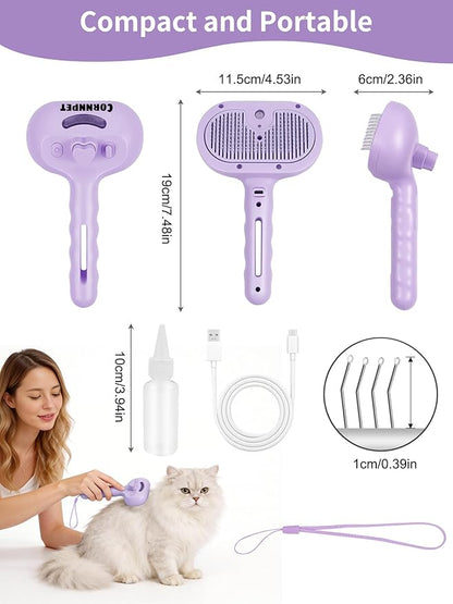 Dog Cat Steam Brush With UV Light, 3 in 1 Release Button Self-Cleaning Grooming Brush for Pets Cats Dogs, Hair Massaging Shedding for Small Animals Long Short Haired - Purple