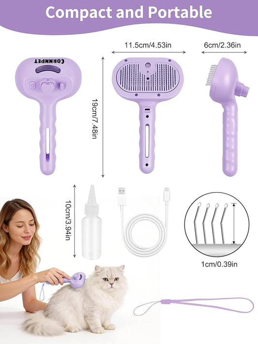 Dog Cat Steam Brush With UV Light, 3 in 1 Release Button Self-Cleaning Grooming Brush for Pets Cats Dogs, Hair Massaging Shedding for Small Animals Long Short Haired - Purple