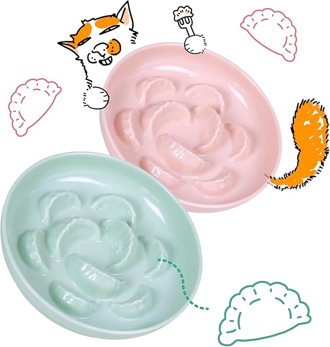 2 Pcs Cat Slow Feeder Bowl Set - Unbreakable Melamine Puzzle cat Bowl for Slow Eating - Cat Dish for Wet & Dry Food- Whisker Friendly & Dishwasher Safe & Non Slip Design (Pink + Green)