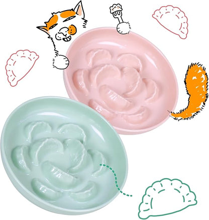 2 Pcs Cat Slow Feeder Bowl Set - Unbreakable Melamine Puzzle cat Bowl for Slow Eating - Cat Dish for Wet & Dry Food- Whisker Friendly & Dishwasher Safe & Non Slip Design (Pink + Green)